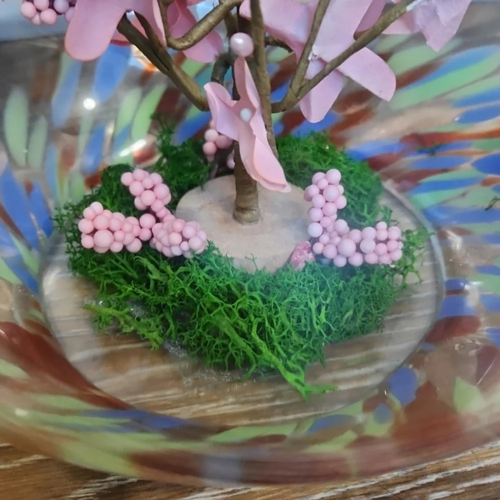 Cherry Blossom ? Pink Flowers Glass Globe Terrarium Blue Green Orange Spots